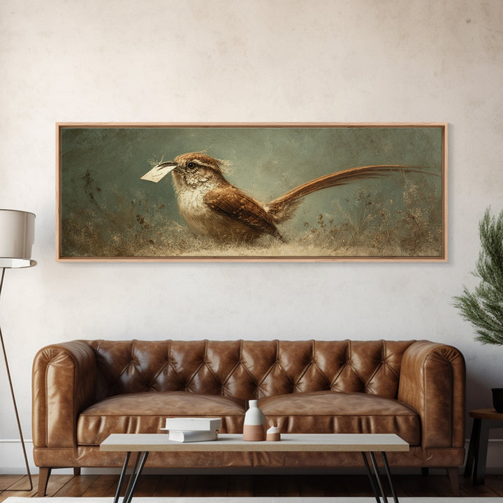 Bird Delivering a Tiny Love Letter Framed Canvas Print, Whimsical Art, Nursery Wall Art, Living Room Decor, Fine Art, Wonder, WHI-3x1-87