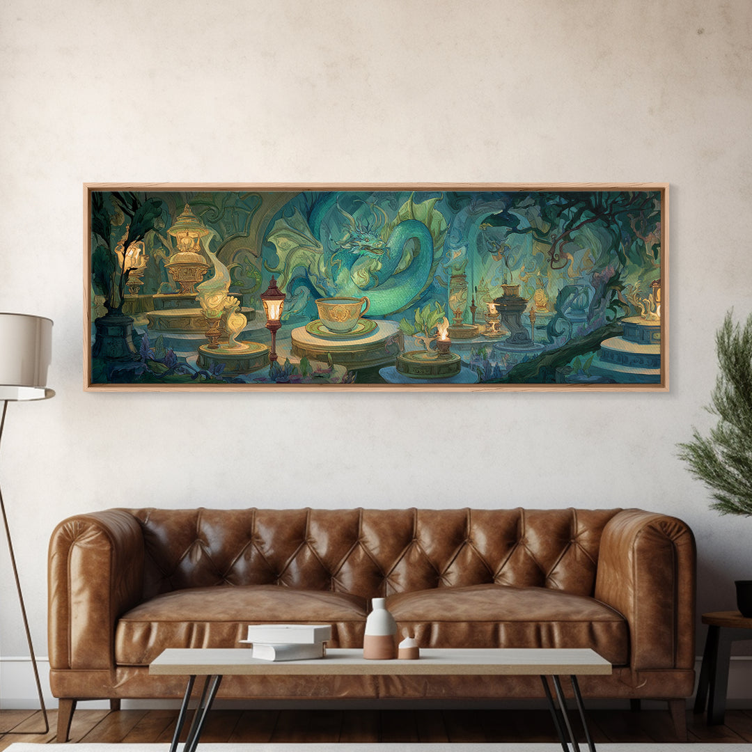 Dragon Curled Around a Teacup Canvas Print, Whimsical Art, Wall Art, Living Room Decor, Oil Painting, Wonder, Framed Wall Art, WHI-3x1-88