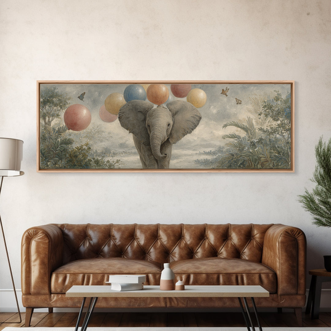 Elephant Holding Balloons Canvas Print, Whimsical Art, Pet Portrait, Living Room Decor, Fine Art, Wonder, Abstract Wall Art, WHI-3x1-91