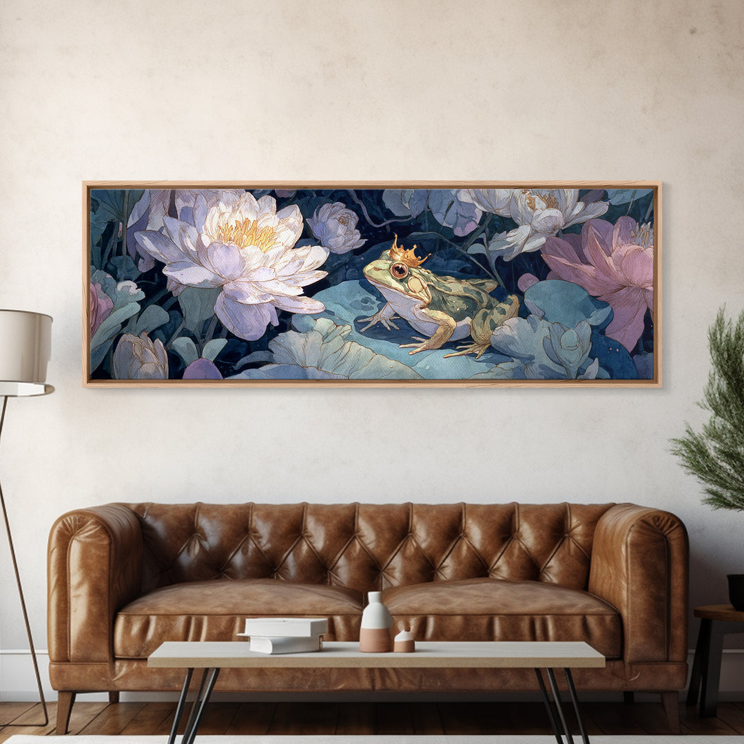 Frog Prince on a Lily Pad Canvas Print, Whimsical Art, Textured Painting, Living Room Decor, Fine Art, Wonder, Nursery Decor, WHI-3x1-96