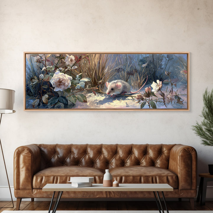 Mouse Ballerina in a Rose Garden Framed Canvas Print, Whimsical Art, Oil Painting, Living Room Decor, Wonder, WHI-3x1-99