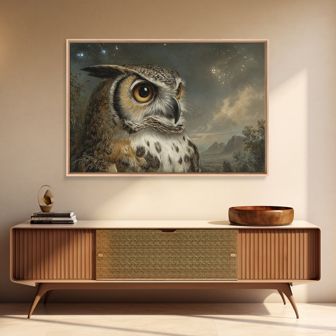 Owl Wearing Spectacles Among Stars Framed Canvas Print, Whimsical Art, Nursery, Living Room Decor, Wonder, Watercolor Art, WHI-3x2-10