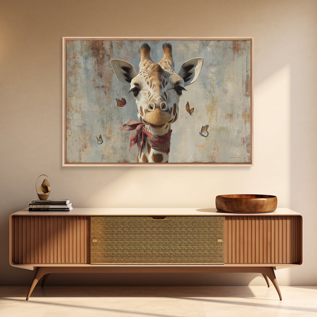Giraffe with Scarf and Butterflies Framed Canvas Print, Whimsical Art, Framed Wall Art, Living Room Decor, Fine Art, Wonder, WHI-3x2-14