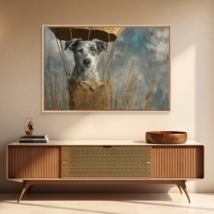 Dog in a Hot Air Balloon Framed Canvas Print, Whimsical Art, Digital Print, Living Room Decor, Fine Art, Wonder, Bird Art, WHI-3x2-18