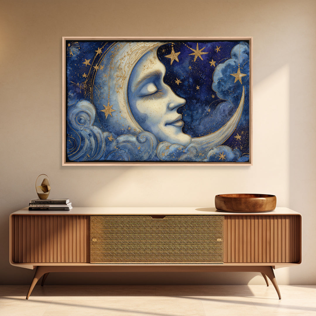 Moon with Sleeping Face and Dangling Stars Canvas Print, Whimsical Art, Nursery Wall Decor, Living Room Decor, Wonder, WHI-3x2-20