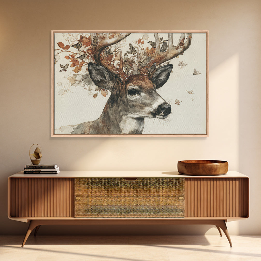 Deer with Antlers Full of Birds Framed Canvas Print, Whimsical Art, Nursery Art, Living Room Decor, Fine Art, Wonder, WHI-3x2-23