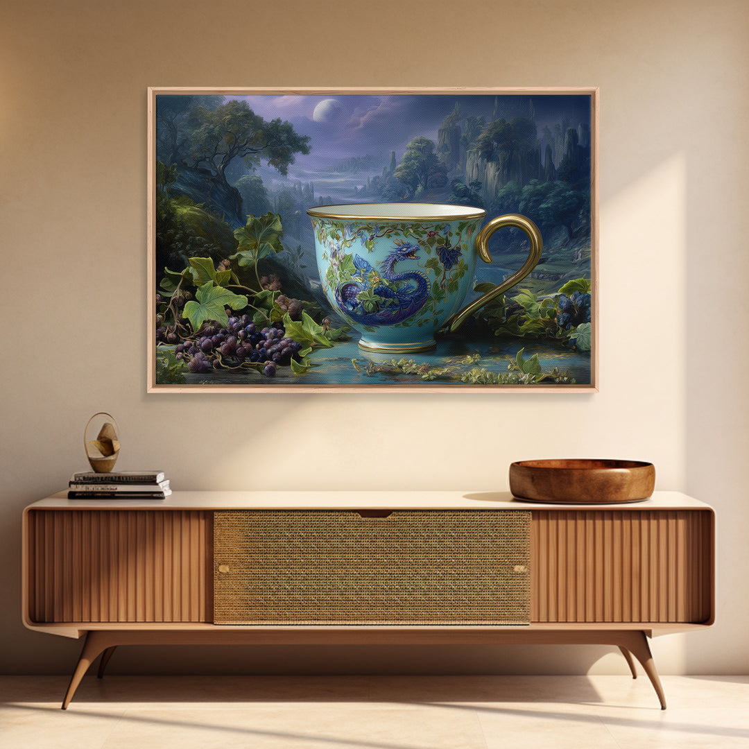 Dragon Curled Around a Teacup Framed Canvas Print, Whimsical Art, Dark Academia Decor, Living Room Decor, Fine Art, Wonder, WHI-3x2-28