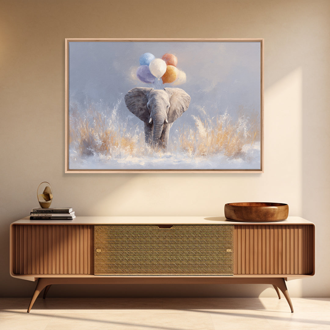 Elephant Holding Balloons Framed Canvas Print, Whimsical Art, Statement Artwork, Living Room Decor, Fine Art, Wonder, WHI-3x2-31