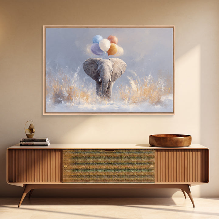Elephant Holding Balloons Framed Canvas Print, Whimsical Art, Statement Artwork, Living Room Decor, Fine Art, Wonder, WHI-3x2-31