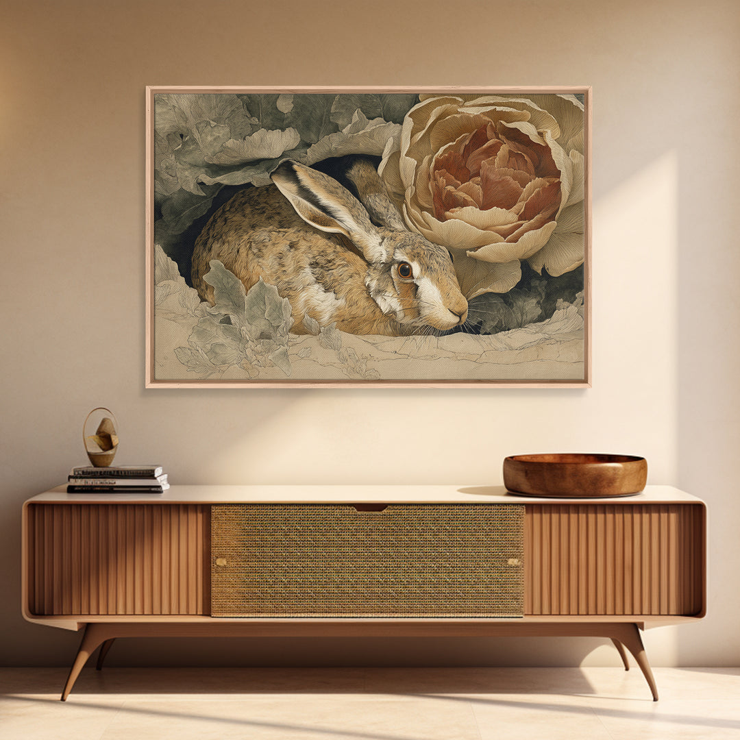 Rabbit Reading Beneath a Giant Flower Canvas Print, Whimsical Art, Cat Art, Living Room Decor, Watercolor Art, Wonder, WHI-3x2-33