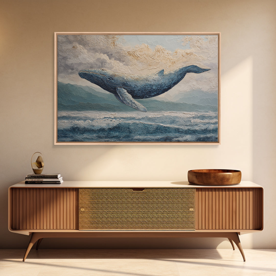 Whale Flying Through Clouds Like Ocean Framed Canvas Print, Whimsical Art, Watercolor Art, Living Room Decor, Wonder, WHI-3x2-41