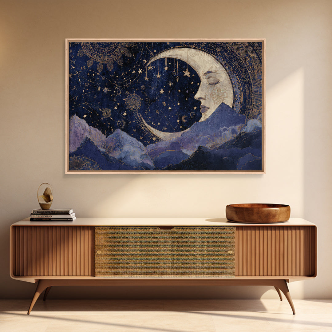 Moon with Sleeping Face and Dangling Stars Canvas Print, Whimsical Art, Watercolor Art, Living Room Decor, Fine Art, Wonder, WHI-3x2-44