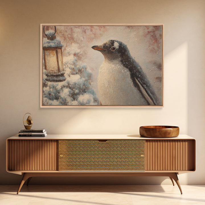 Penguin Holding a Lantern Framed Canvas Print, Whimsical Art, Gallery Decor, Living Room Decor, Fine Art, Wonder, Wall Art, WHI-3x2-45