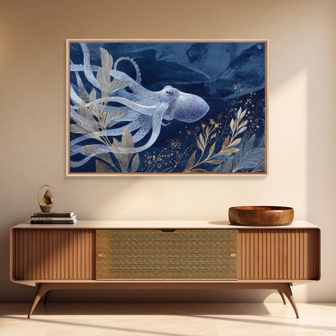 Octopus Conductor with Tiny Instruments Framed Canvas Print, Whimsical Art, Dark Academia Decor, Living Room Decor, Wonder, WHI-3x2-46