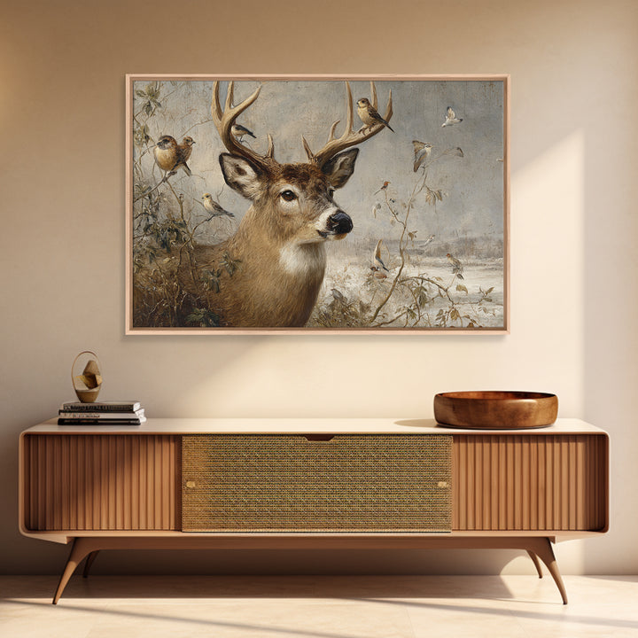 Deer with Antlers Full of Birds Framed Canvas Print, Whimsical Art, Printable Wall Art, Living Room Decor, Oil Painting, Wonder, WHI-3x2-47