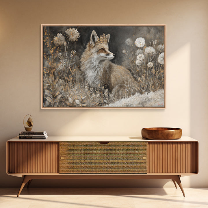 Fox Wearing a Tiny Crown Framed Canvas Print, Whimsical Art, Nursery Art, Living Room Decor, Oil Painting, Wonder, WHI-3x2-5