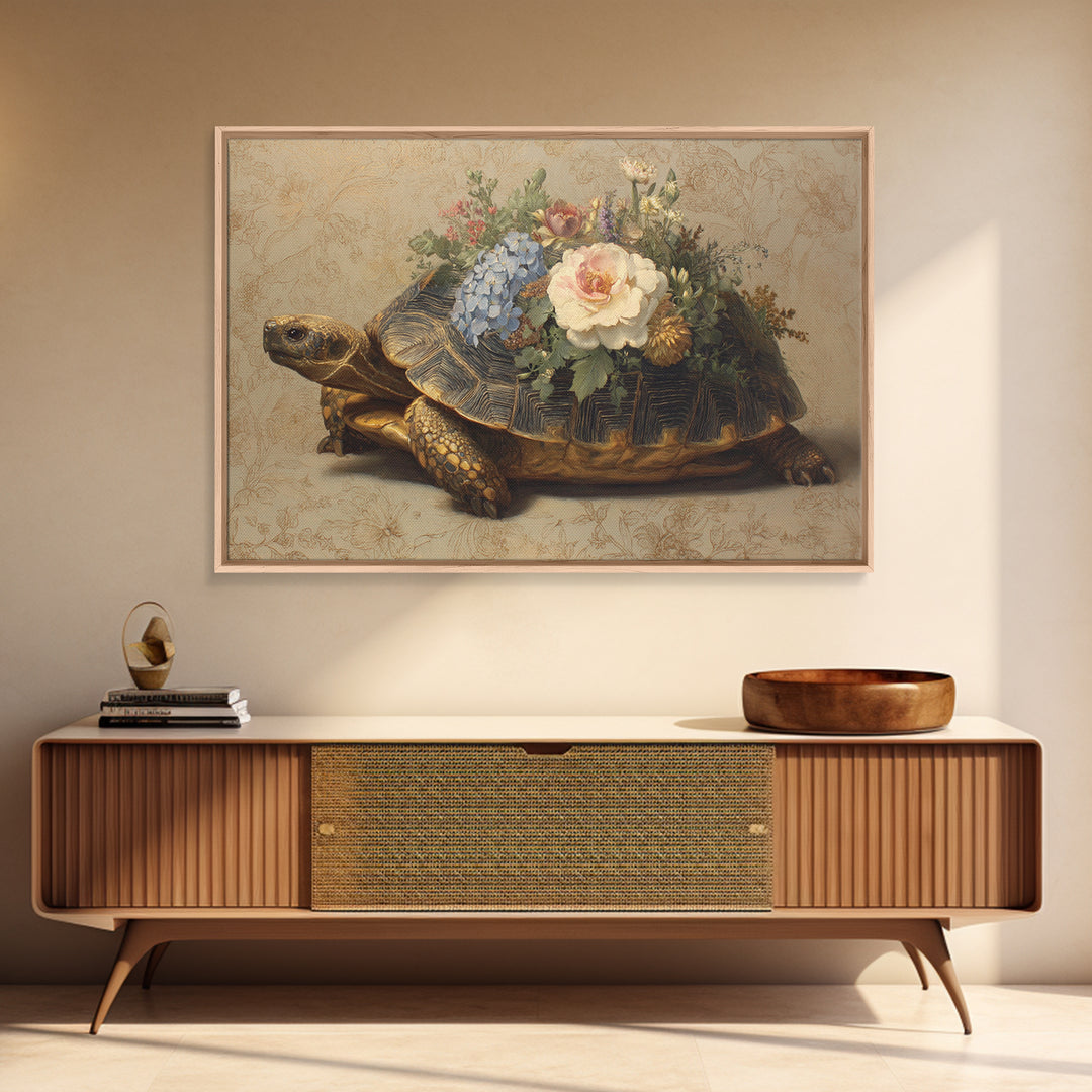 Turtle with Garden Growing on Shell Framed Canvas Print, Whimsical Art, Dopamine Decor, Living Room Decor, Fine Art, Wonder, WHI-3x2-50