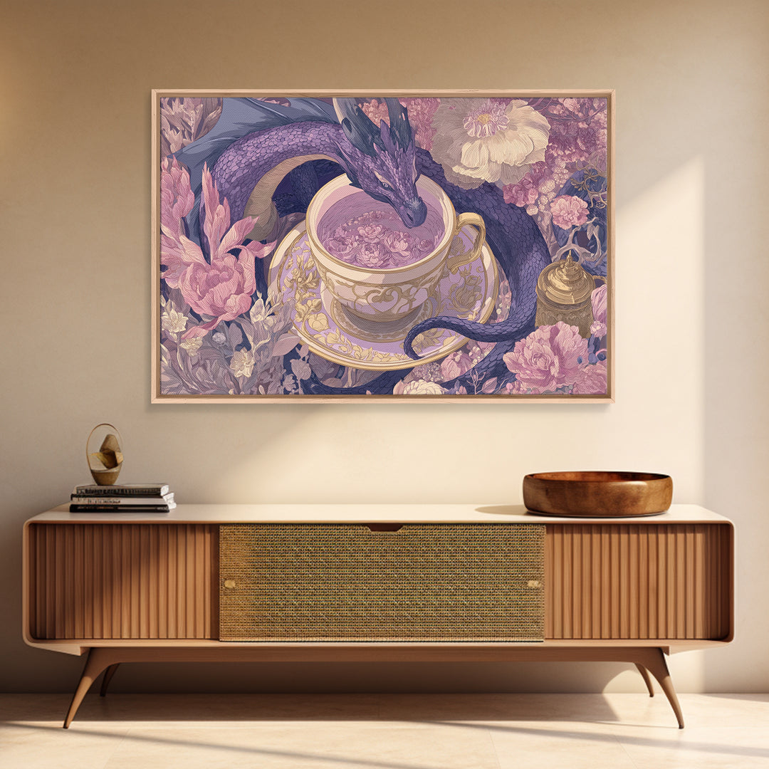 Dragon Curled Around a Teacup Canvas Print, Whimsical Art, Bird Art, Living Room Decor, Abstract Art, Wonder, Textured Painting, WHI-3x2-52