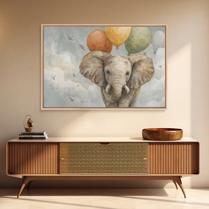 Elephant Holding Balloons Framed Canvas Print, Whimsical Art, Whimsical, Living Room Decor, Oil Painting, Wonder, Nursery Art, WHI-3x2-55
