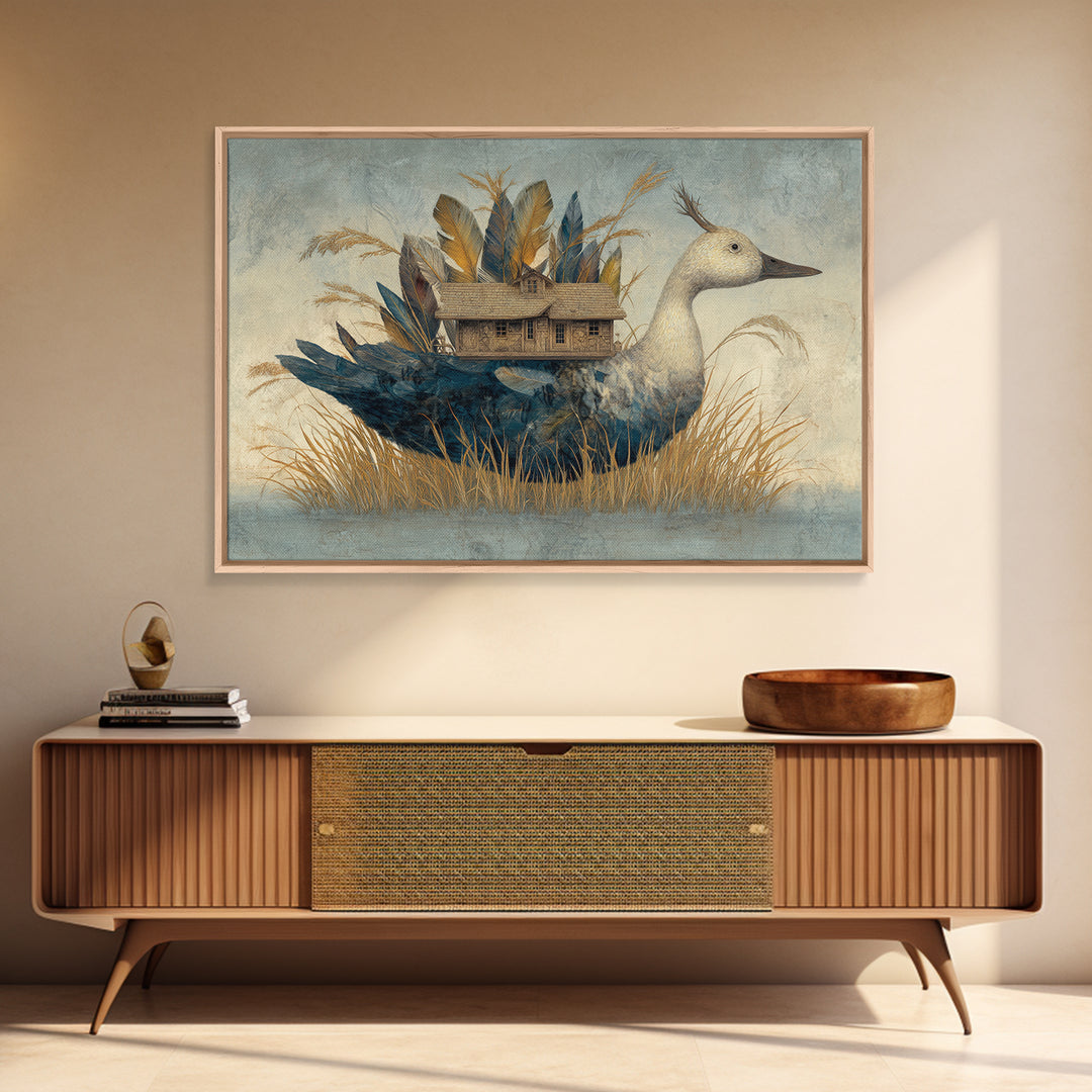 Floating House Carried by Colorful Birds Framed Canvas Print, Whimsical Art, Living Room Decor, Oil Painting, Wonder, WHI-3x2-59