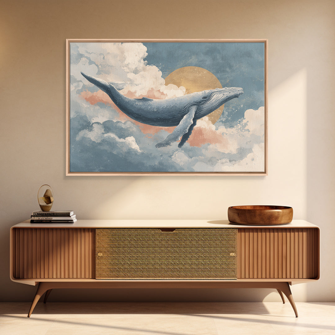 Whale Flying Through Clouds Like Ocean Framed Canvas Print, Whimsical Art, Watercolor Art, Living Room Decor, Wonder, WHI-3x2-65
