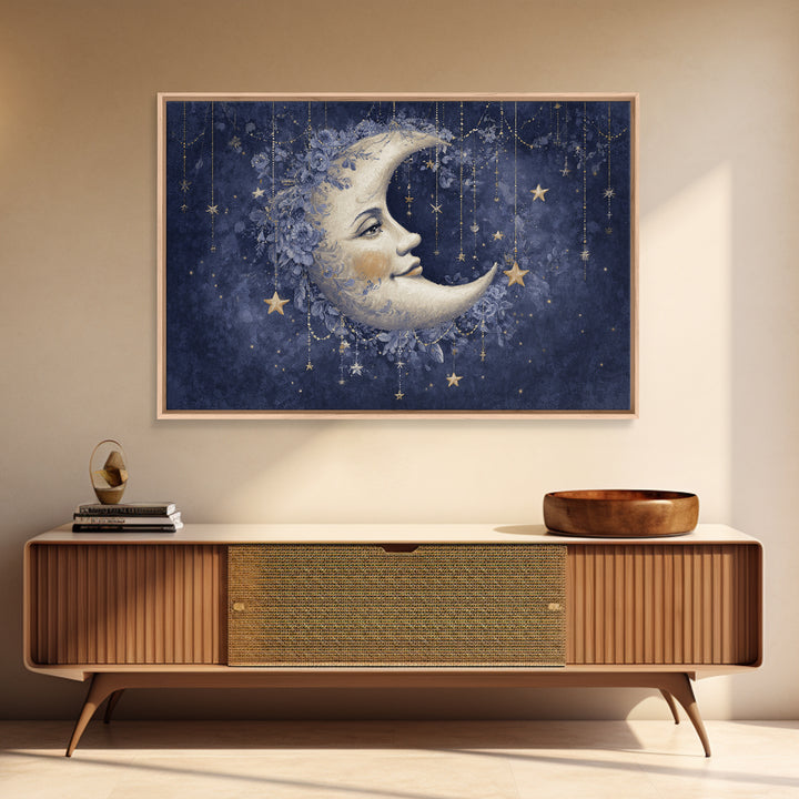 Moon with Sleeping Face and Dangling Stars Canvas Print, Whimsical Art, Minimalist Decor, Living Room Decor, Fine Art, Wonder, WHI-3x2-68