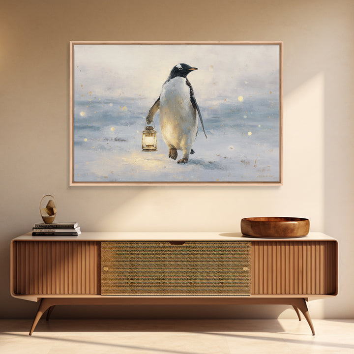 Penguin Holding a Lantern Framed Canvas Print, Whimsical Art, Gallery Decor, Living Room Decor, Fine Art, Wonder, Wall Art, WHI-3x2-69