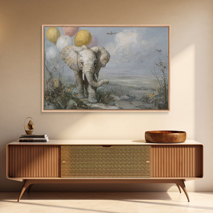 Elephant Holding Balloons Framed Canvas Print, Whimsical Art, Art Nouveau, Living Room Decor, Abstract Art, Wonder, WHI-3x2-7