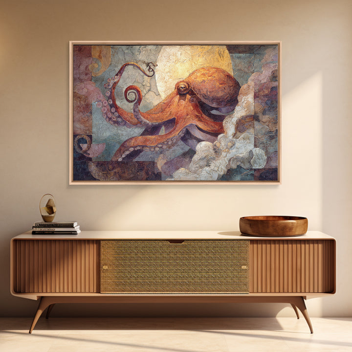 Octopus Conductor with Tiny Instruments Framed Canvas Print, Whimsical Art, Dark Academia Decor, Living Room Decor, Wonder, WHI-3x2-70