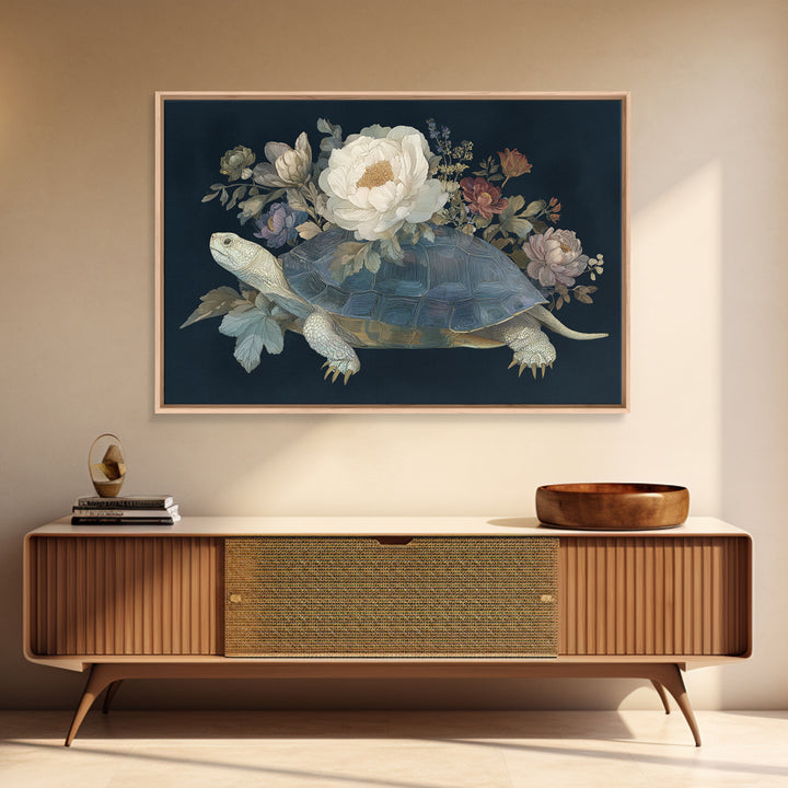 Turtle with Garden Growing on Shell Framed Canvas Print, Whimsical Art, Dopamine Decor, Living Room Decor, Fine Art, Wonder, WHI-3x2-74