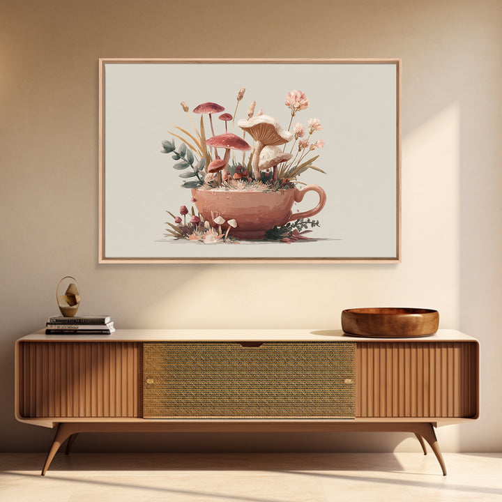 Teacup Garden with Tiny Mushrooms Framed Canvas Print, Whimsical Art, Dopamine Decor, Living Room Decor, Fine Art, Wonder, WHI-3x2-8