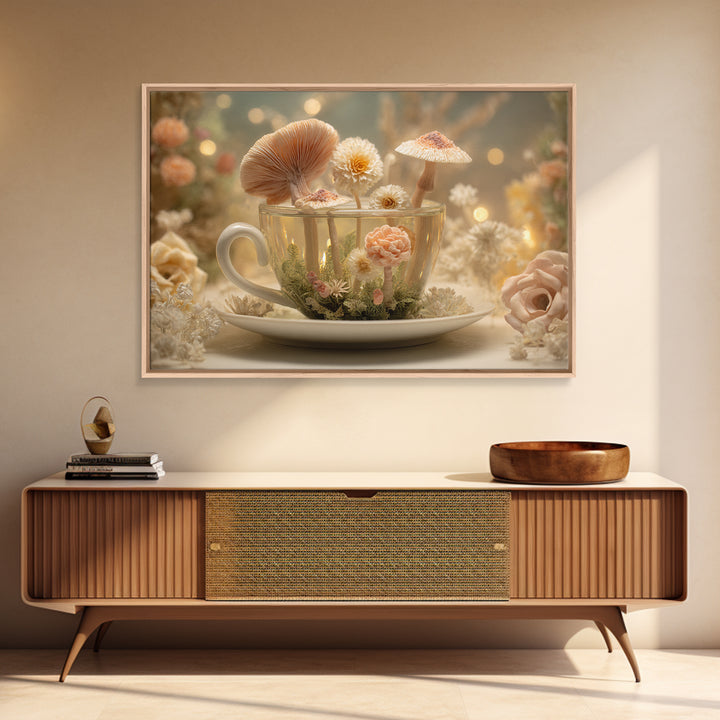 Teacup Garden with Tiny Mushrooms Framed Canvas Print, Whimsical Art, Home Decor, Living Room Decor, Fine Art, Wonder, WHI-3x2-80