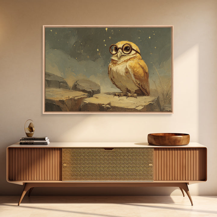 Owl Wearing Spectacles Among Stars Framed Canvas Print, Whimsical Art, Nursery Prints, Living Room Decor, Oil Painting, Wonder, WHI-3x2-82