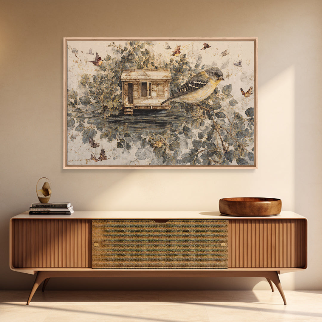 Floating House Carried by Colorful Birds Canvas Print, Whimsical Art, Framed Wall Art, Living Room Decor, Fine Art, Wonder, WHI-3x2-83