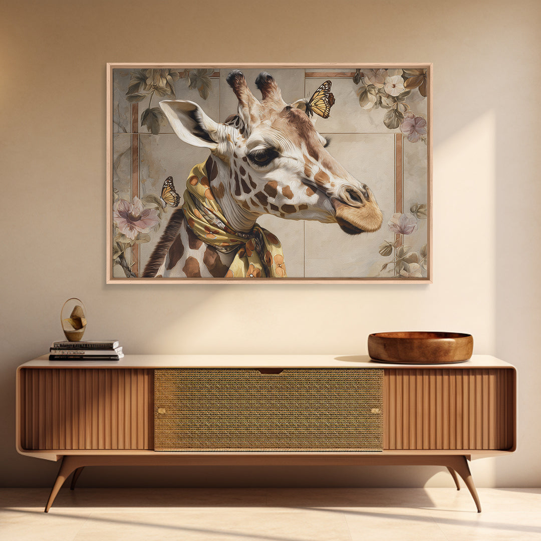Giraffe with Scarf and Butterflies Framed Canvas Print, Whimsical Art, Nursery Wall Decor, Living Room Decor, Fine Art, Wonder, WHI-3x2-86
