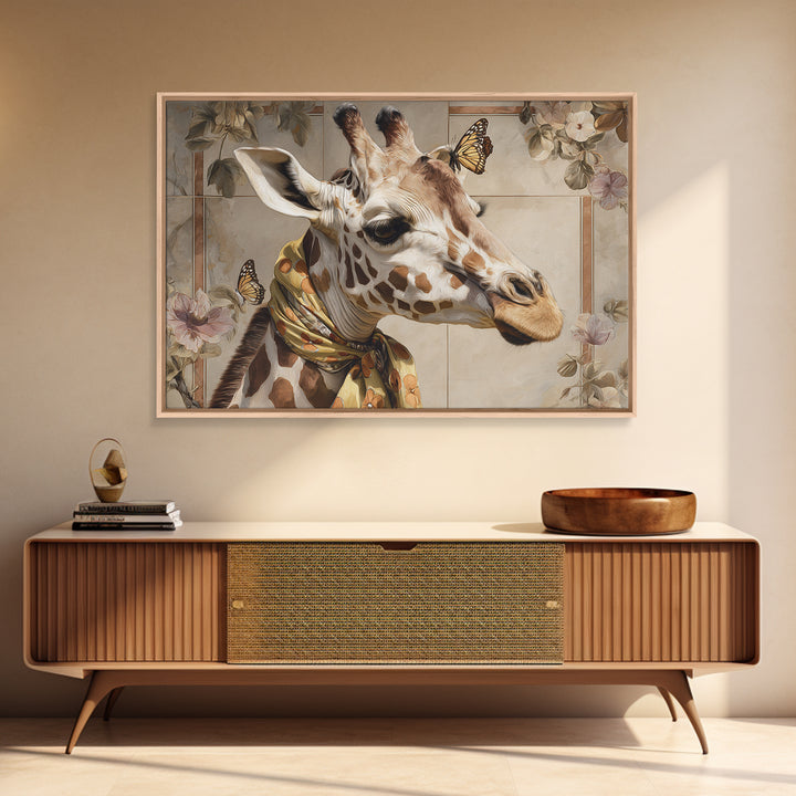Giraffe with Scarf and Butterflies Framed Canvas Print, Whimsical Art, Nursery Wall Decor, Living Room Decor, Fine Art, Wonder, WHI-3x2-86