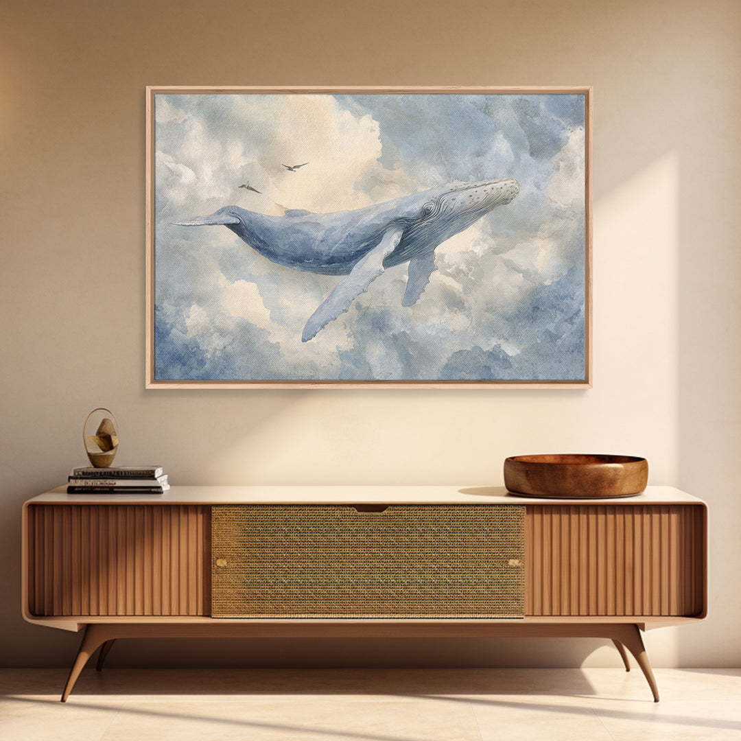 Whale Flying Through Clouds Like Ocean Canvas Print, Whimsical Art, Boho Decor, Living Room Decor, Wonder, Digital Art, WHI-3x2-89