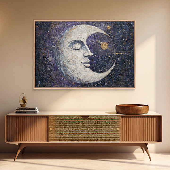 Moon with Sleeping Face and Dangling Stars Framed Canvas Print, Whimsical Art, Art Print, Living Room Decor, Fine Art, Wonder, WHI-3x2-92