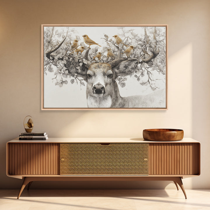 Deer with Antlers Full of Birds Framed Canvas Print, Whimsical Art, Original Art, Living Room Decor, Fine Art, Wonder, WHI-3x2-95