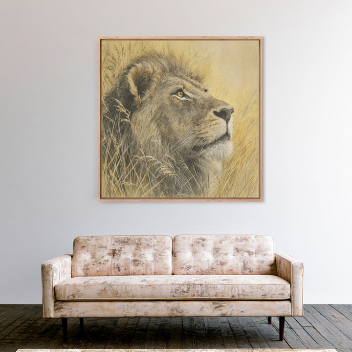 Lion Emerging from Golden Savanna Grass Framed Canvas Print, Wildlife Art, Rustic Home Decor, Living Room Decor, Fine Art, Wild, WIL-1x1-1