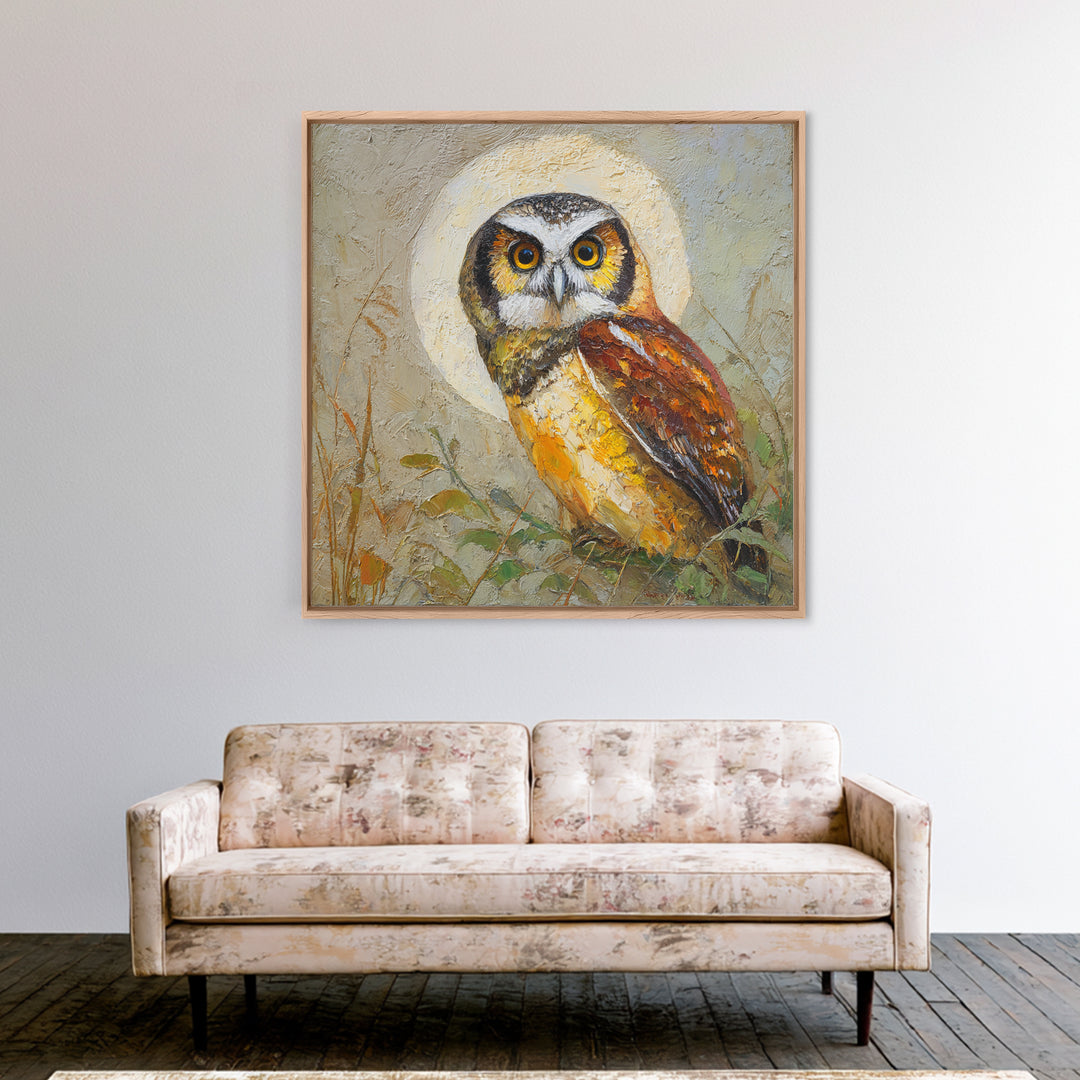 Owl Perched in Moonlit Woodland Framed Canvas Print, Wildlife Art, Wall Decor, Living Room Decor, Wild, Living Room Wall Art, WIL-1x1-12