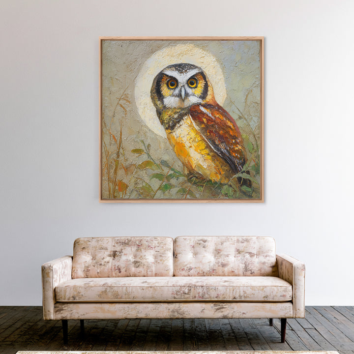 Owl Perched in Moonlit Woodland Framed Canvas Print, Wildlife Art, Wall Decor, Living Room Decor, Wild, Living Room Wall Art, WIL-1x1-12