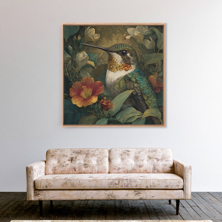 Hummingbird Beside Bright Flowers Framed Canvas Print, Wildlife Art, Canvas Print, Living Room Decor, Fine Art, Wild, WIL-1x1-16