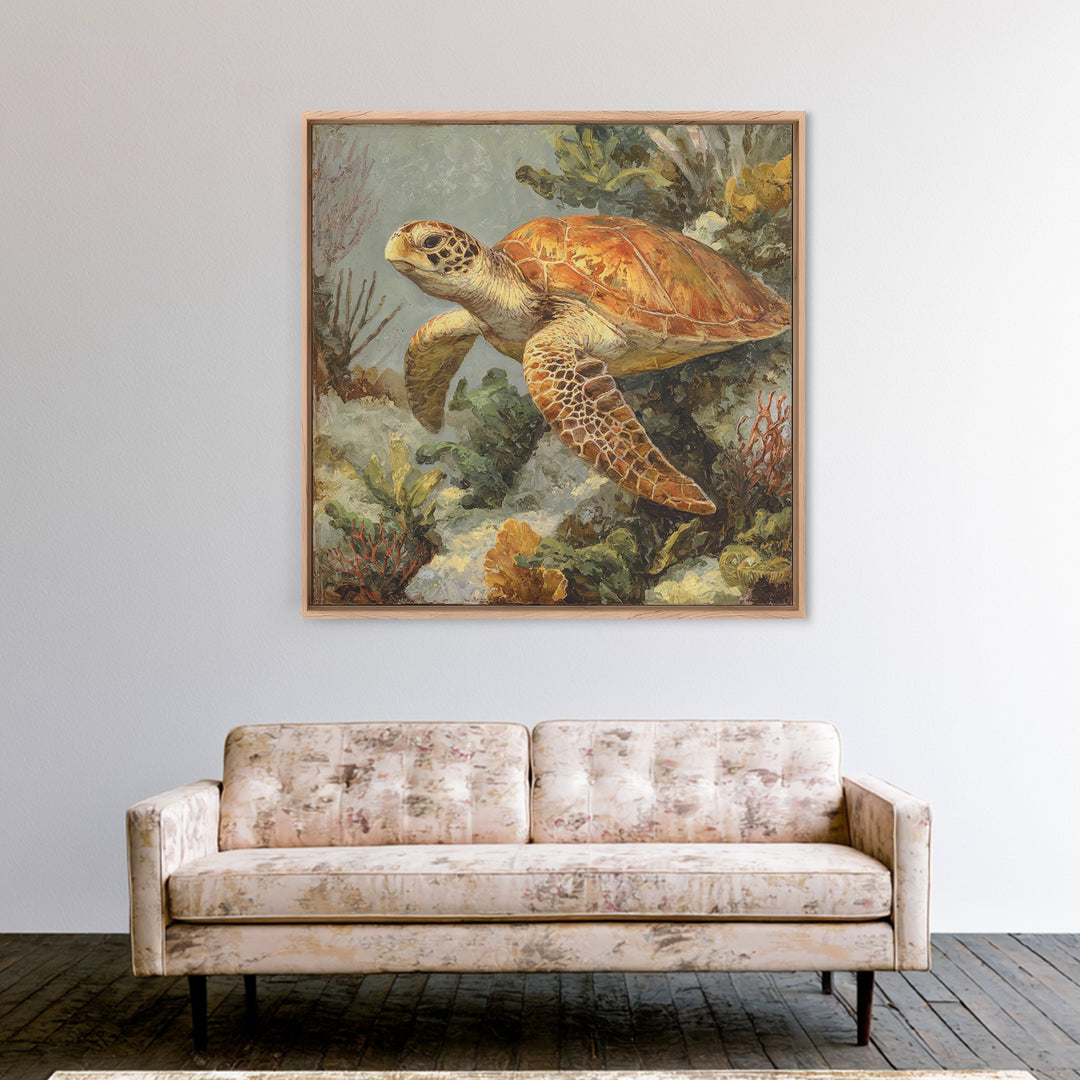 Sea Turtle over Coral Reef Canvas Print, Wildlife Art, Living Room Wall Art, Living Room Decor, Wild, Unique Home Decor, WIL-1x1-18