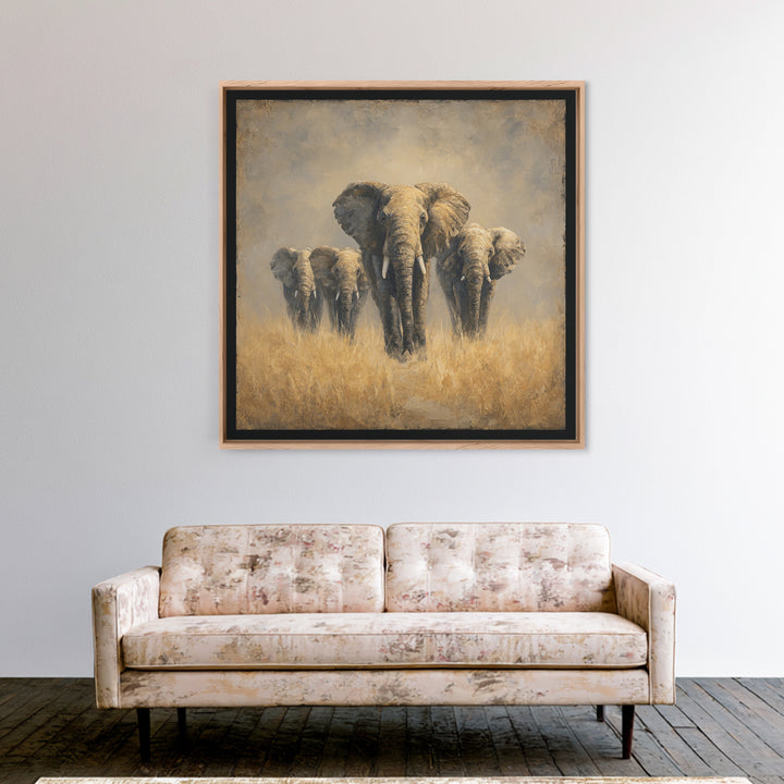 Elephant Herd Walking Through Dusty Sunset Framed Canvas Print, Wildlife Art, Bedroom Wall Art, Living Room Decor, Wild, WIL-1x1-2
