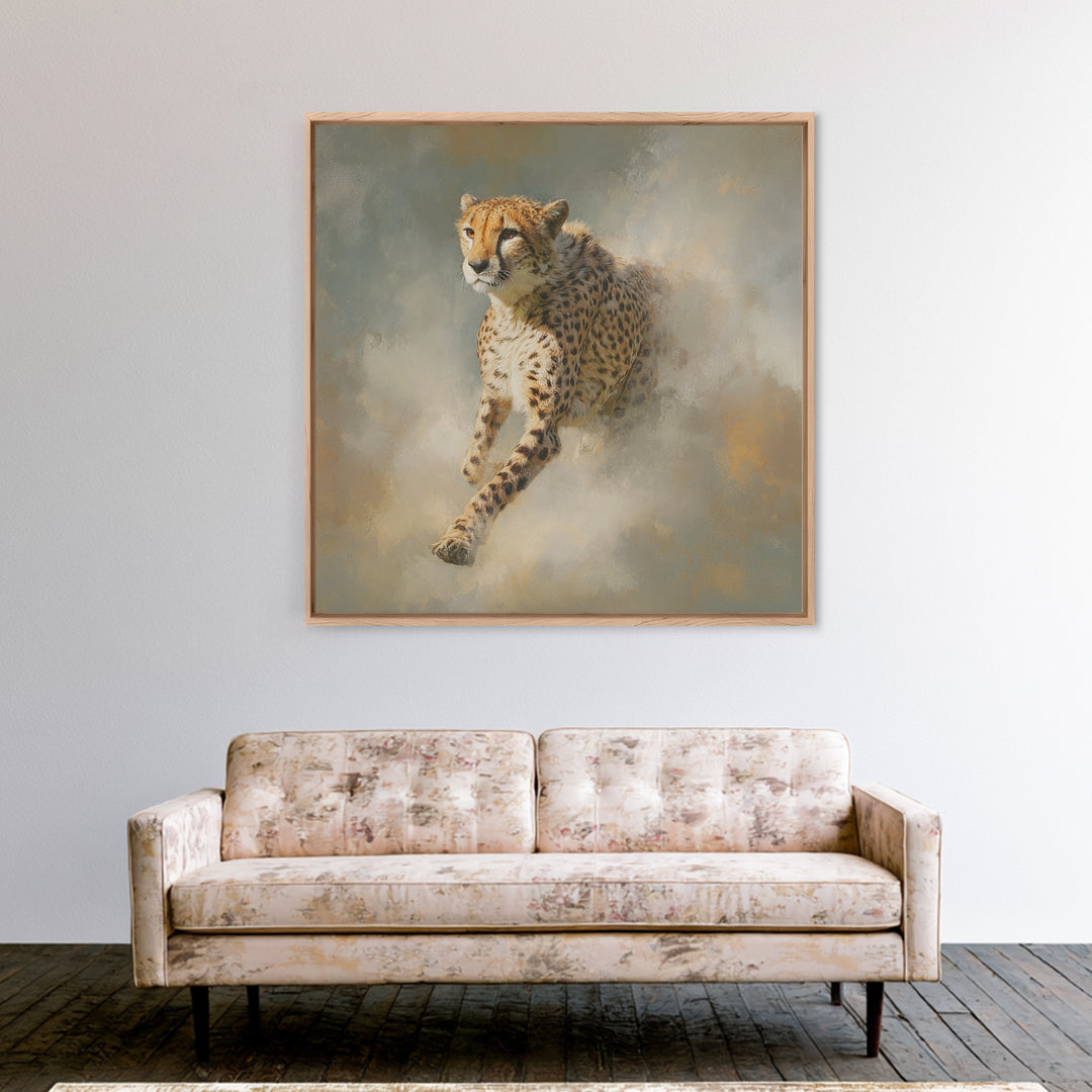 Cheetah Running Through Warm Dust Framed Canvas Print, Wildlife Art, Nature Wall Art, Living Room Decor, Fine Art, Wild, WIL-1x1-21