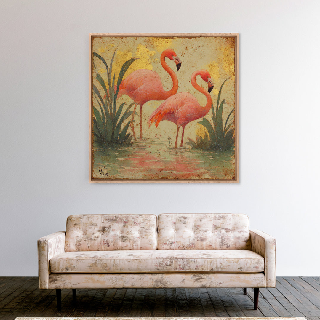Flamingos in Pink Shallow Water Canvas Print, Wildlife Art, Bird Art, Living Room Decor, Oil Painting, Wild, Original Artwork, WIL-1x1-22