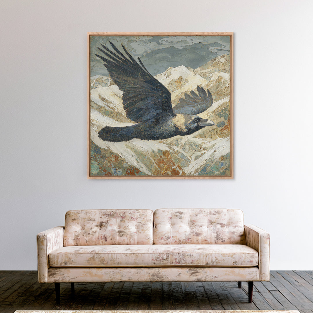 Raven Flying Through Snowy Mountains Framed Canvas Print, Wildlife Art, Living Room Art, Living Room Decor, Fine Art, Wild, WIL-1x1-24