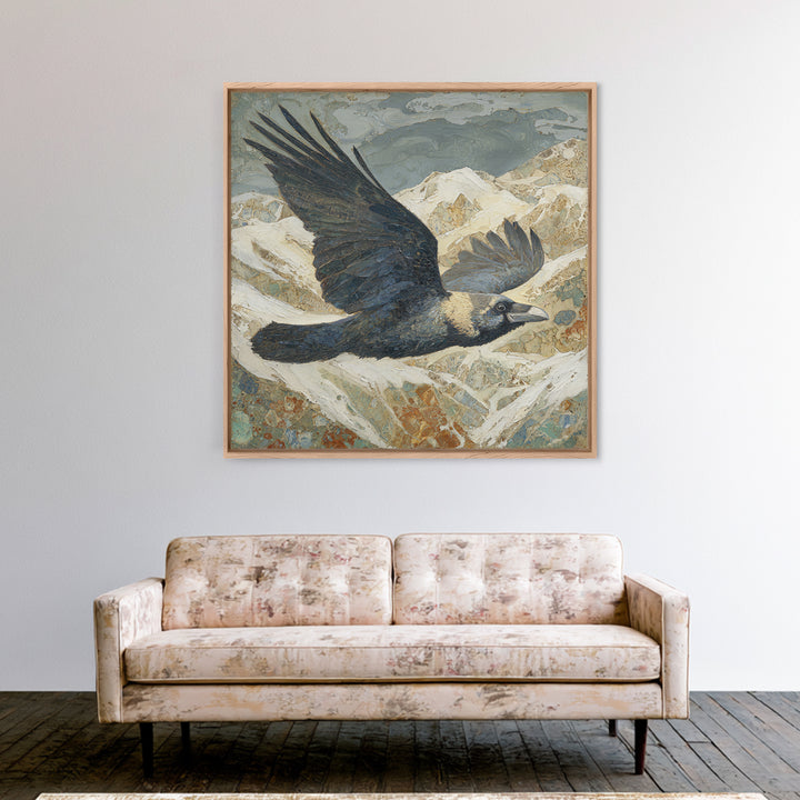 Raven Flying Through Snowy Mountains Framed Canvas Print, Wildlife Art, Living Room Art, Living Room Decor, Fine Art, Wild, WIL-1x1-24