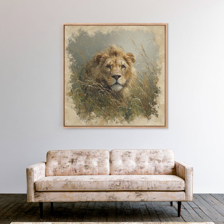 Lion Emerging from Golden Savanna Grass Canvas Print, Wildlife Art, Modern Decor, Living Room Decor, Fine Art, Wild, Home Decor, WIL-1x1-25